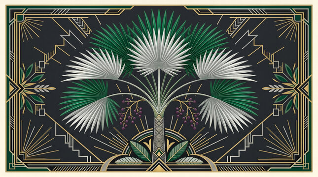 Elegant palm tree illustration featuring detailed geometric art deco patterns with gold and green color tones