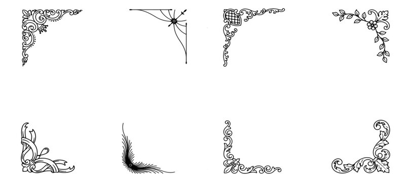 Set of decorative hand drawn corner elements. Divider ornament, borders, doodle, separators, page dividers, header, vector