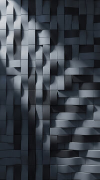 3D modern parametric wall panel texture with vertical woven geometric tiles, monochrome dark grey architectural facade design, ideal vertical phone wallpaper background.