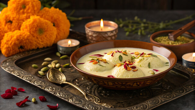 Creamy white rasmalai decorated with pistachios, saffron and rose petals, placed on an ornate brass tray with glowing diyas and marigold garlands, luxurious festive Indian atmosphere