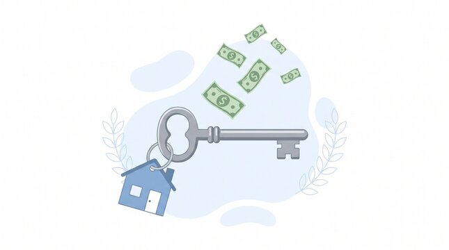 House key with money and leaf illustration