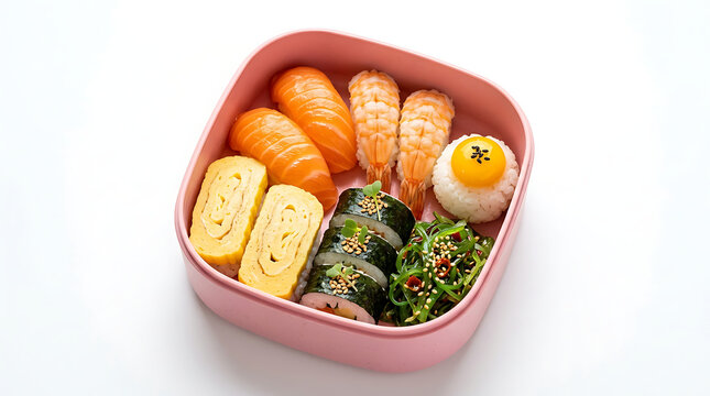 Pink bento box filled with sushi and Japanese egg roll