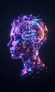 Futuristic human head with glowing AI brain made of exploding holographic purple and blue crystal shards, machine learning artificial intelligence concept wallpaper