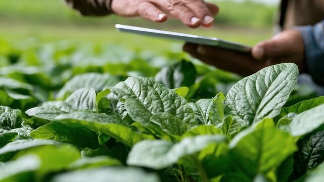 Farmer inspecting green leafy crops with digital tablet for smart agriculture and farm technology