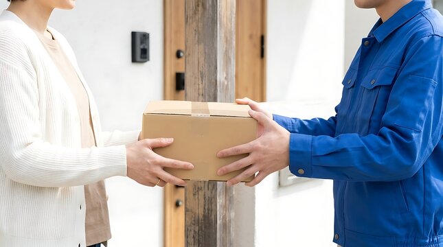Delivery person in blue uniform delivering taped cardboard box to female resident at entrance representing timely ecommerce logistics and postal parcel shipping.