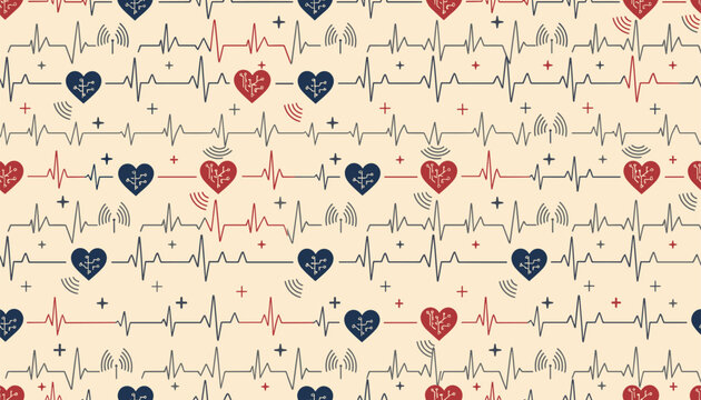 Detailed medical background pattern featuring continuous EKG heartbeat lines and digital heart symbols.
