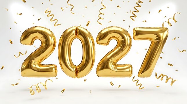 Golden 2027 balloons isolated on white background
