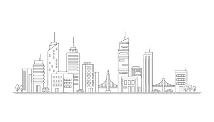 Obraz premium Modern city skyline panorama in a minimalist thin black line drawing style showcasing skyscrapers bridges and cars.