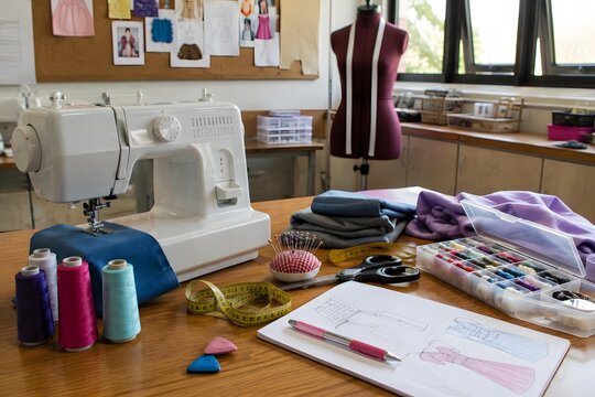 sewing workstation with white machine and dress design sketches