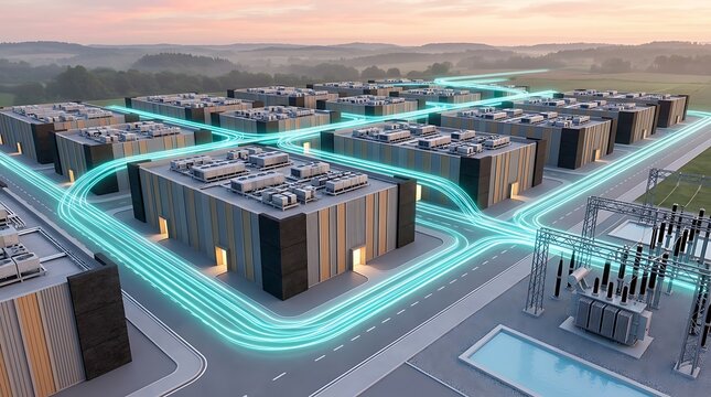Isometric data center park with illuminated optic lines connects massive server halls to electrical transformer station for enterprise cloud intelligence storage.