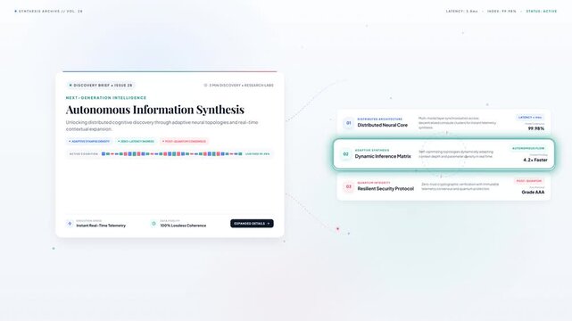Minimalist digital interface overlay showing autonomous information synthesis data with technical research metrics displayed on a clean white background backdrop