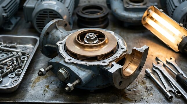 Cross section view of disassembled industrial centrifugal pump housing featuring bronze impeller and polished interior surface on workshop bench with hand tools.