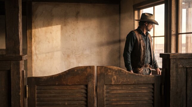 A man dressed as a cowboy stands inside a rustic wooden saloon, looking out a window next to swinging wooden doors under warm natural light.