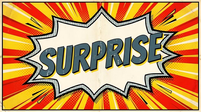 Explosion surprise comic speech bubble with bold 3D text effect and vibrant rays for impactful design