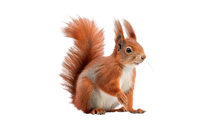 Naklejka premium Cute fluffy red squirrel sitting looking forward isolated on transparent background