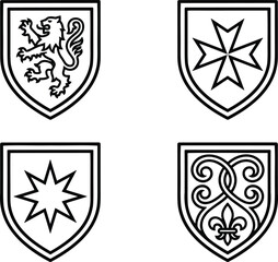Medieval heraldic shield crests set lion cross star fleur de lis line art vector illustration collection. © MUSHAHID
