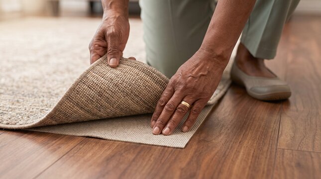 A close-up shot of a senior woman's hands lifting the corner of a beige rug to position a non-slip rug pad on a polished wooden floor, with soft indoor lighting.