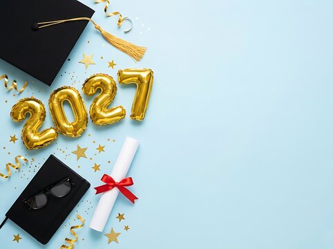 Graduation 2027 concept with cap, diploma, and gold balloons on blue background