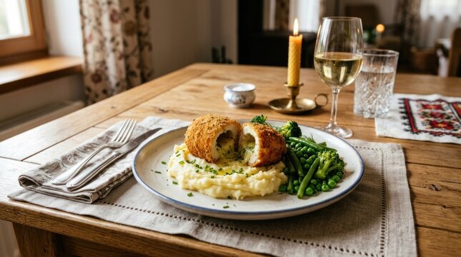 A wooden table with a plate of food, including a chicken Kiev, mashed potatoes, and steamed broccoli, set against a rustic wooden table with a floral tablecloth and a lit candle.