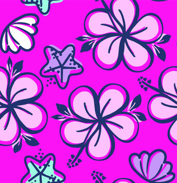 Tropical hibiscus flowers and starfish pattern in vibrant pink and purple for summer fashion textiles
