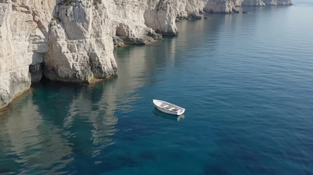 White boat floats near towering cliffs