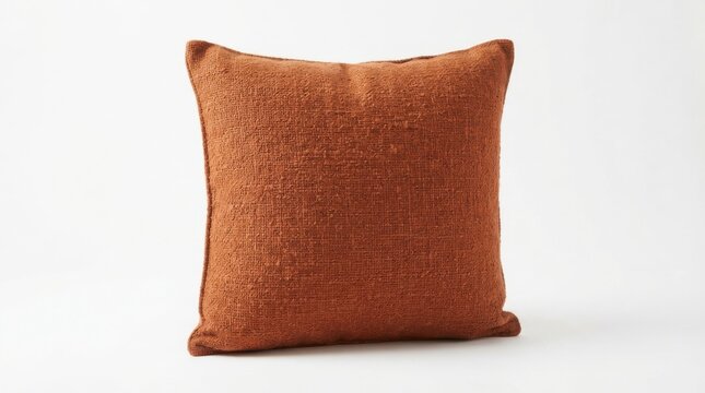 Square textured terracotta orange pillow for modern minimalist home decor or comfortable couch styling and luxury interior design.