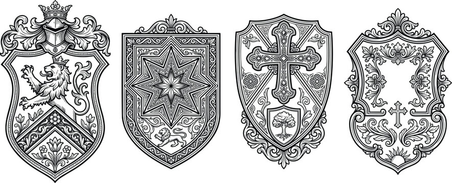 Ornate medieval heraldic coat of arms shields lion cross crown star line art vector illustration collection.