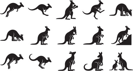 Obraz premium Kangaroo silhouette icons set, collection of jumping and standing marsupial animal shapes