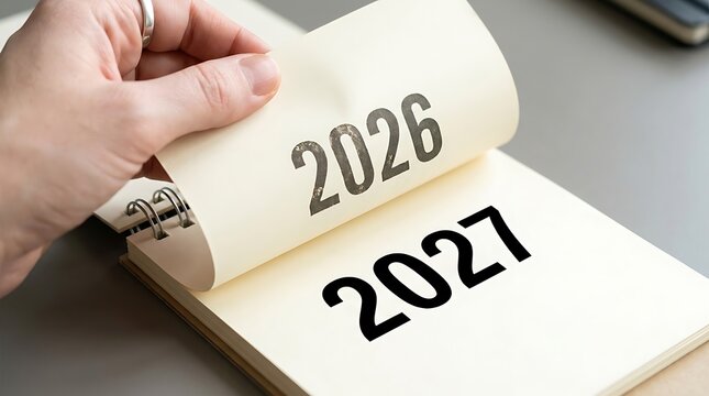 Hand turning page of a notebook from 2026 to 2027