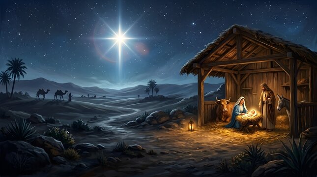 Traditional christmas nativity scene with the holy family in a stable under the bright star of bethlehem