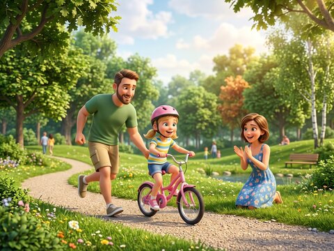 Happy father teaching daughter to ride bicycle in park while mother cheering