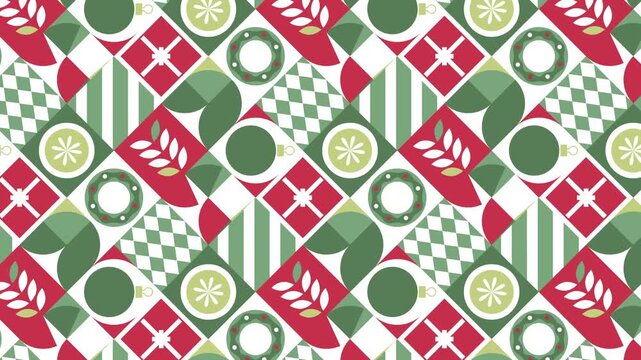 Seamless Christmas background with geometric holiday patterns and festive ornaments.