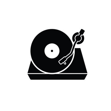 A black and white vector silhouette of a vinyl record playing on a turntable. The circular record, the tonearm, and the minimalist base are all rendered as a unified solid black shape with crisp edges