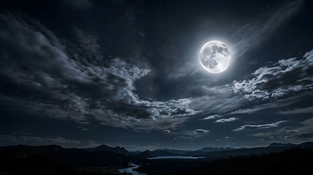 A bright full moon shining in the dark night sky with dramatic clouds over a silhouette landscape