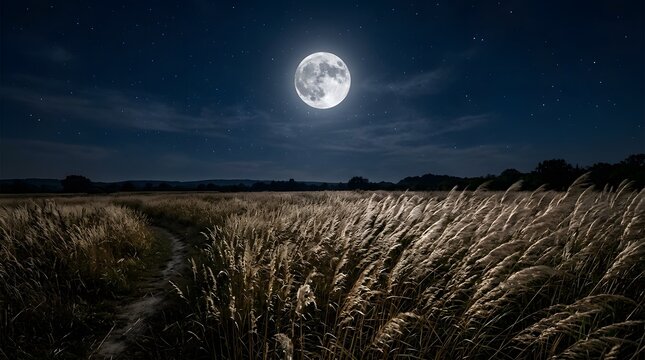 A bright full moon illuminates a dark field of tall dry grass under a starry night sky