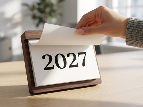 Hand turning page of a wooden desk calendar showing the year 2027
