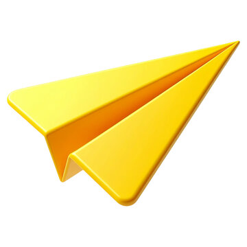 Glossy yellow origami paper plane flying upward angle view for message communication strategy freedom aspiration graphic render visual design item