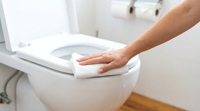 Hand holding white microfiber cloth cleaning modern toilet bowl in bright clean bathroom with wooden floor.