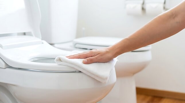 Close up view of hand cleaning surface of modern toilet with clean microfiber cloth in contemporary home bathroom for deep antibacterial hygiene disinfection.