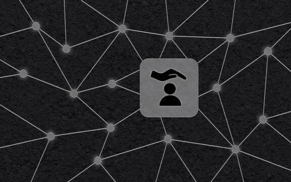 Versicherung Schutz Mensch Symbol im Netzwerk Konzept f&uuml;r soziale Absicherung, Sicherheit und Betreuung im gesch&auml;ftlichen oder privaten Bereich mit grafischen Elementen.