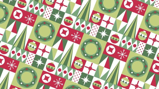 Retro Christmas Pattern Background with Festive Ornaments and Geometric Holiday Shapes