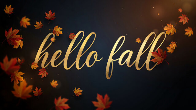 Elegant golden calligraphy of hello fall with autumn leaves background