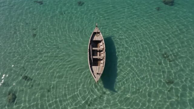 Small wooden boat floats still in crystal-clear turquoise water