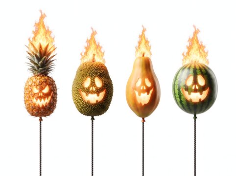 Halloween carved fruit balloons including pineapple jackfruit and watermelon on fire set.