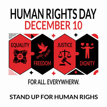 Human Rights Day December 10 poster design featuring equality, freedom, justice and dignity concepts in a bold red and black geometric vector composition