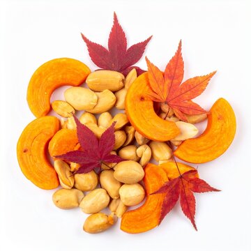 Japanese Kaki no Tane Rice Crackers with Autumn Maple Leaves Isolated on White