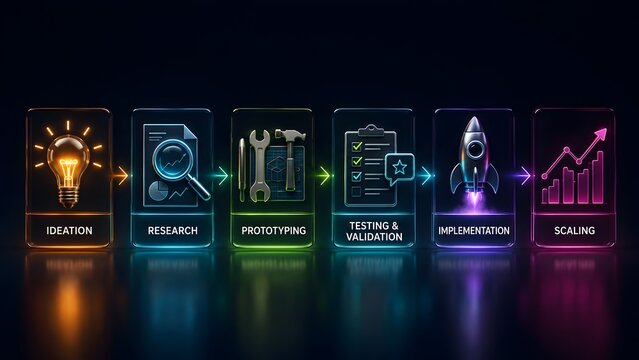 Futuristic Glowing Product Development Process Workflow On Dark Glass Panels