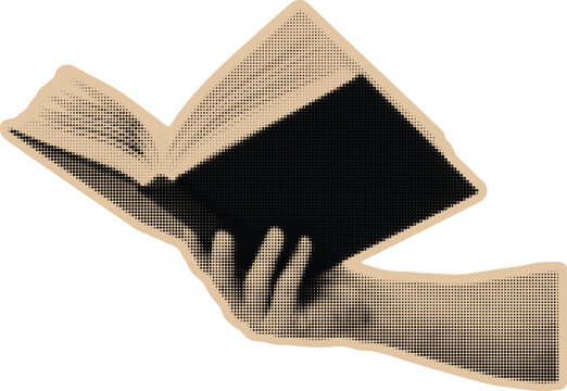 Hand holding book vintage retro grunge halftone dotted texture collage element on transparent background. Vector illustration.