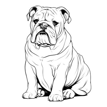 Black and white line art vector illustration of a sitting English bulldog