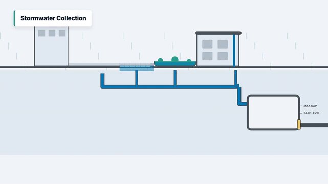 2D flat motion graphic animation showing stormwater collection system with rain falling over buildings and filling underground water storage tank